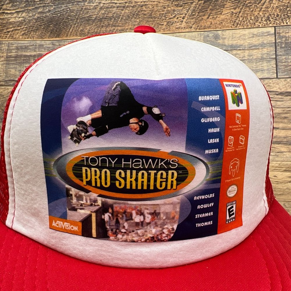 Retro N64 Tony Hawk Mens Trucker Hat Red Snapback Skateboard Video Game Ball Cap - Picture 2 of 6